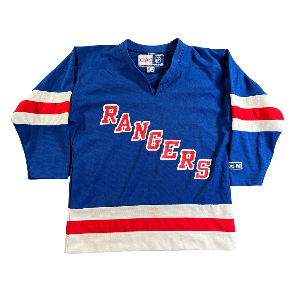 Vintage CCM New York Rangers Hockey Jersey Kids Youth L/XL Blue NHL Striped Mesh
